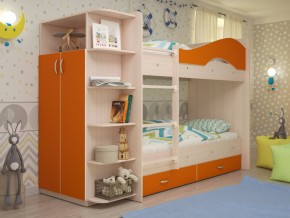 Кровать 2-х ярусная Мая с ящиками и шкафом на латофлексах оранж в Новой Ляле - novaya-lyalya.magazinmebel.ru | фото